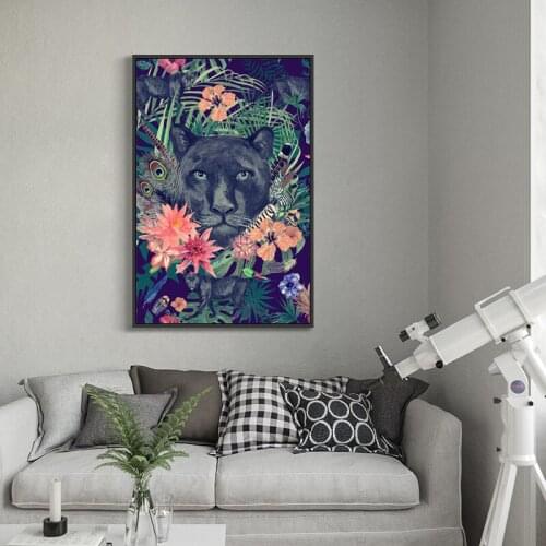 Black Leopard Among Colorful Flowers Canvas Painting Wall Art Nordic Posters and Prints Wall Pictures for Living Room Decoration