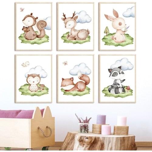 Deer Owl Fox Squirrel Rabbit Raccoon Nordic Posters And Prints Nursery Wall Art Canvas Painting Wall Pictures Kids Room Decor