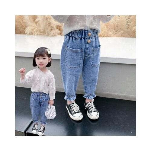 2021 Autumn New Korean Baby Loose Jeans Childrens Cool Salt Wide-leg Denim Pants Kids Retro Baby Girl Cowboy Trousers Jeans
