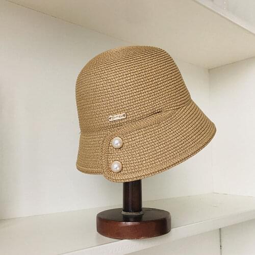 New Korean Style Pearl Frog Bucket Paper Straw Hats For Women Summer Basin Hat Dome Sun Protection Straw Cap Visor Derby Hat