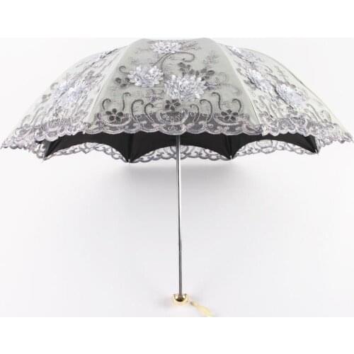 NewNew folding umbrella embroidered lace double black plastic tri-fold umbrella anti-UV sun umbrella multiple colors optional