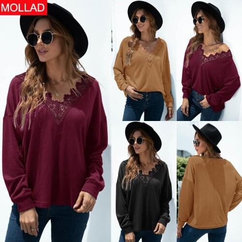2021 Autumn and Winter AliExpress New Hot Sale Lace V-neck Stitching Solid Color Long-Sleeved Top