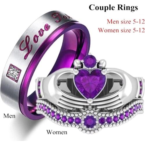 Couple Rings Women Ring Heart Natural Purple Crystal Men Ring Stainless Steel Crystal Wedding Engagement Band Jewelry