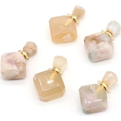 Natural Perfume Bottle Stone Pendant Necklace Essential Oil Diffuser Cherry Agate Stone Charms for Jewelry Making