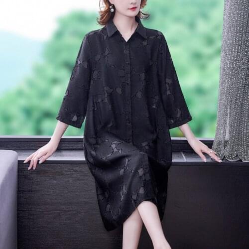 Spring Autumn Casual Black Jacquard Midi Shirt Dress 2021 Elegant Bodycon Party Vestidos Women Loose Vintage 5XL Plus Size Dress