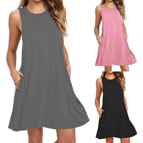 Plus Size Women Summer Casual Dresses Women Dress Sleeveless Round Neck Cloth Simple Solid Color Midi Dress Loose Vestidos Robe