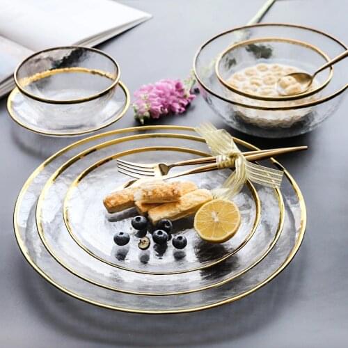 Luxury Gold Inlay Glass Dinner Plate Salad Bowl Serving Plate Cake Plate Glass Snack Dish Dessert Dish