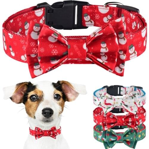 Christmas Supplies Snow Dog Collar Cute Bow Collar Soft Polyester Cotton Adjustable Pet Collar Gift For Small Large Dogs