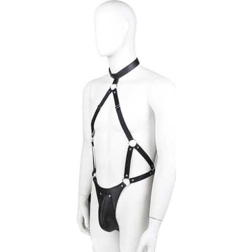 Sexy Leather Harness Halter Belt Mankini Thong Cosplay Bodysuit