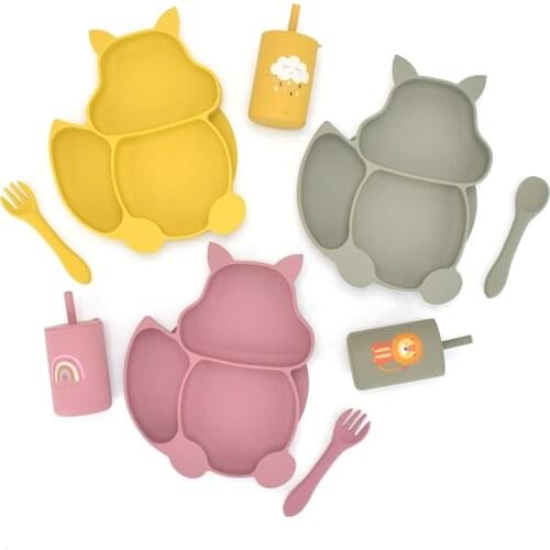BPA Free Baby Silicone Tableware Cute Squirrel Baby Dishes Solid Sucker Training Plate Bowl Waterproof Feeding Set Infant Dishes