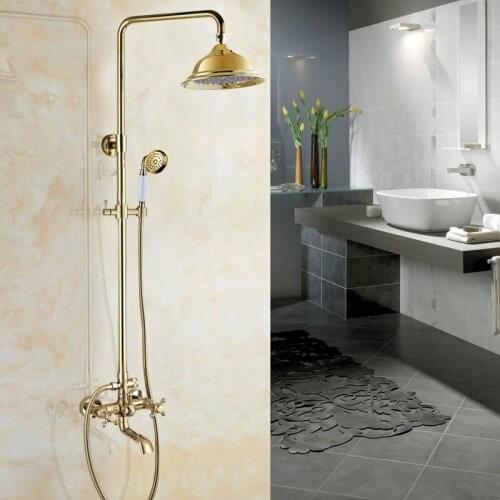Shower Faucets Gold Brass Bathroom Shower Mixer Tap Faucet Set Rain Shower Head Round Wall Mounted Bathtub Faucet agf393