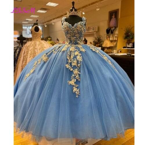 Light Blue Ball Gown Quinceanera Dresses Lace Sweet 16 Dress Prom Gowns With Gold Applique vestido de 15 anos