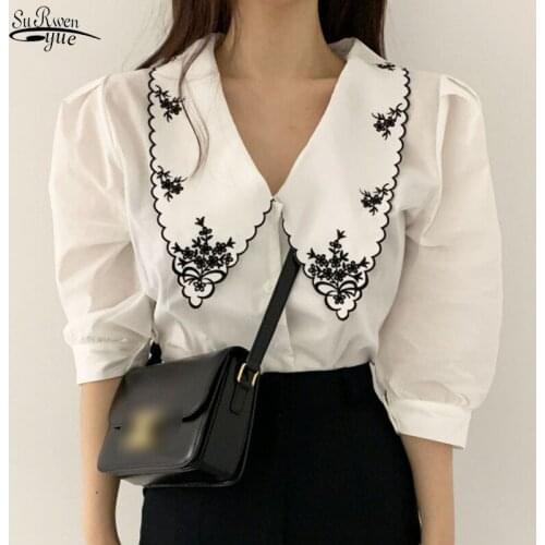 2021 Single Breasted Elegant White Shirts Summer New Half Sleeve Floral Embroidery Blouse Women Vintage Tops Blusas Mujer 14223