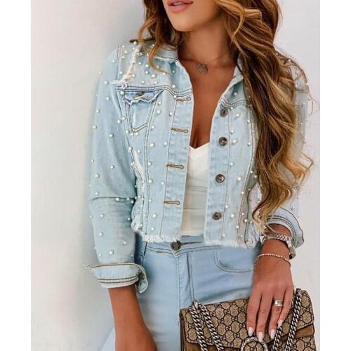 2021 Spring Autumn Women Turn Down Collar Beaded Ripped Fringe Hem Denim Coat Fashion Ladies Shirt Outdoor Wear Casual Tank Tops