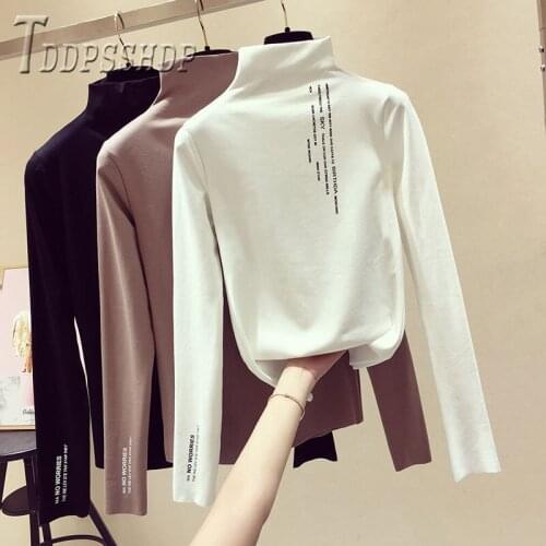 2019 Autumn Bottoming Women T Shirt Stand Collar Slim Long Sleeve Female Tee Top