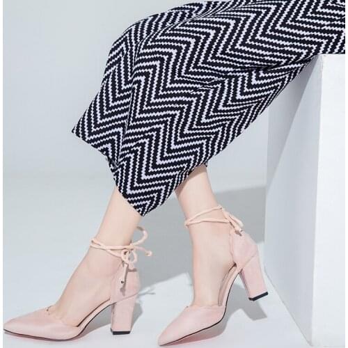 Spring wild Female sandals shoes Sexy high heels gray buckle hollow sandals thick with pointed shoes Zapatillas Mujer U22-13