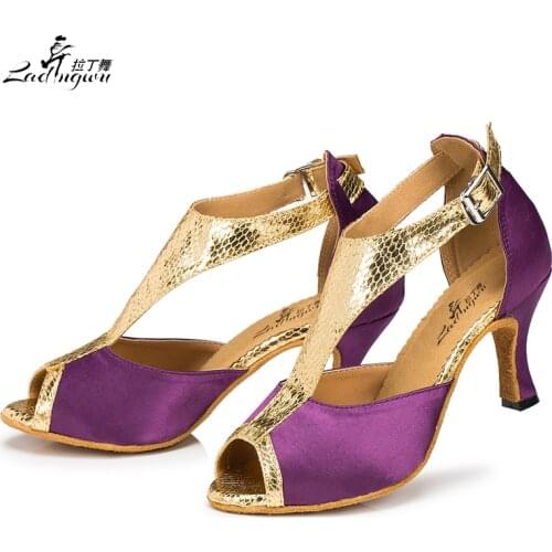 Ladingwu New Satin and Snake texture PU Dance Shoes Latin Women Apricot Purple Gray Black Soft Bottom Ballroom Dance Shoes Women