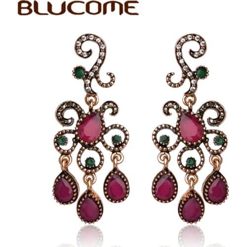 Blucome Vintage Red Flower Pendant Retro Resin Earrings For Women Wedding Party Ear Accessories Ethnic Vintage Turkish Jewelry
