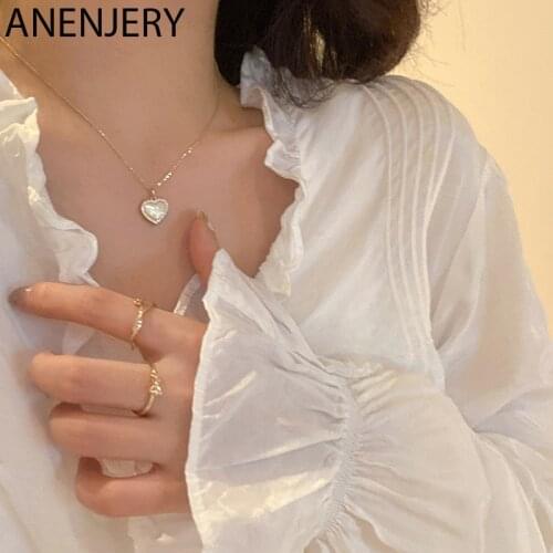 ANENJERY 925 Sterling Silver Shell Heart Necklace For Women Niche Design Clavicle Chain Necklace Light luxury Accessories