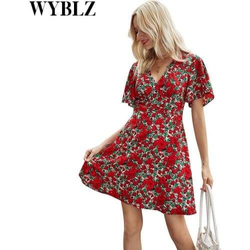 WYBLZ Sexy Dresses for Women 2021 Summer New Polyester Casual Dress Red Print V Neck Short Sleeve Dress Elegant Retro Vestidos