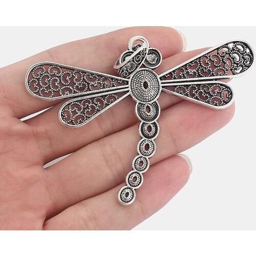 2pcs Fashion Silver Color Hollow Dragonfly Charms Pendant With Beads Bezel For DIY Necklace Jewelry Making Findings