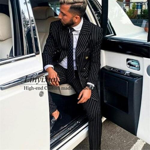 Formal Black Stripe Mens Coat Suits Custom Made Plus Size Business Best Man Jacket Blazer 2 Pieces ( Jacket+Pants) Costume Homme