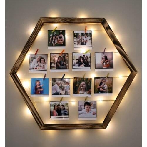 Modern Natural Wood Illuminated Drawstring Latch Hexagon Photo frame фоторамка коллаж Photo frame
