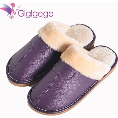 Glglgege 4 Colors 2019 New Genuine Leather Home Slippers High Quality Women Slippers Plush Warm Indoor Shoes Women Size