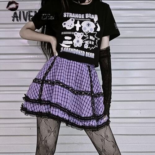 Harajuku Hot Girls Plaid Lace Skirt High Waist Mini Skirts Streetwear Y2k Girl Women Emo Egirl Wear AFC1035