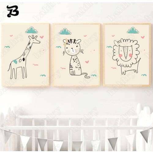 Canvas Painting Funny Cut Animals Giraffe Tiger Lion Cartoon Posters and Prints Wall Art Pictures for Baby Room Home Wall Decor