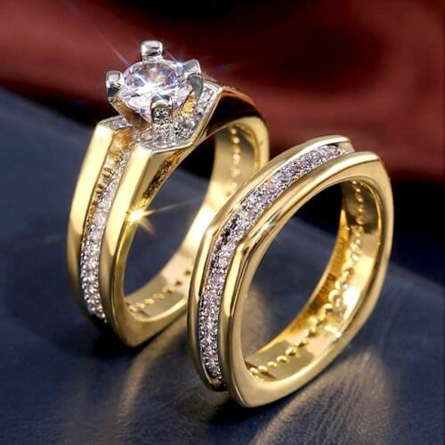 Huitan Wedding Ring Set for Women Round Zirconia Crystal 2Pcs Engagement Party Rings Anniversary Gift Trendy Jewelry Drop Ship