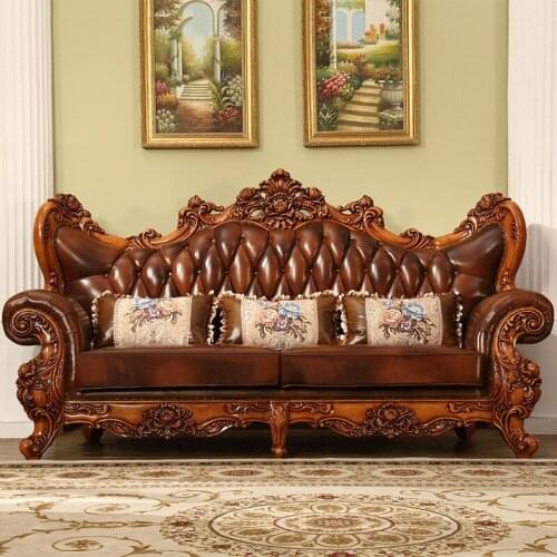 American European Leather Sofa Solid Wood Carved Large Apartment Living Room Combination 123 Luxury Self-contained Furniture