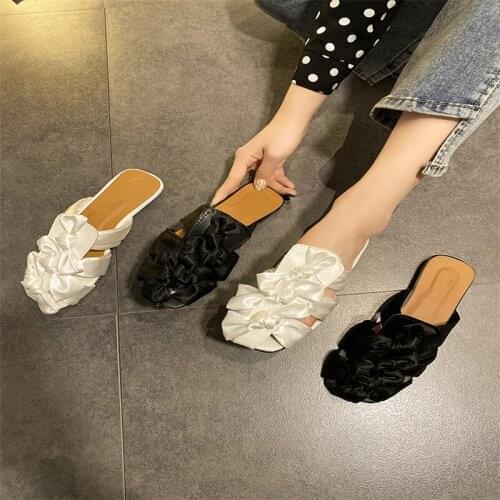 Womens Slippers Summer 2021 Breathable Half Drag Fashion Ribbon Decoration Bow Knot Comfortable Baotou Sandales Femmes été