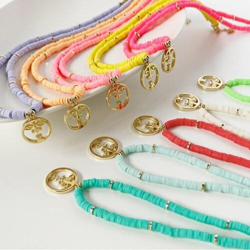 Monlansher Boho Colorful Soft Pottery Necklace Gold Color Hollow Copper Face Choker Polymer Clay Bead Handmade Necklace Jewelry