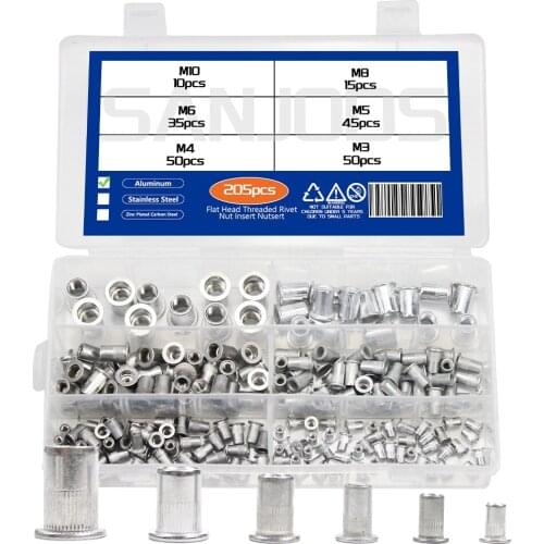 205Pcs Flat Head Threaded Rivet Nut Aluminum Profile M3 M4 M5 M6 M8 M10 Rivnut Stainless Steel Zinc Plated Insert Riveter Kit
