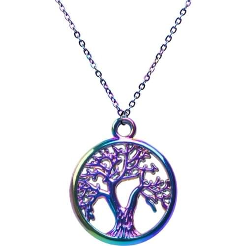 2021 New Fashion 1pcs Rainbow Color Alloy Multi Style Hollow Tree Casual Pendant Necklace Collar Stainless Steel Chain 20