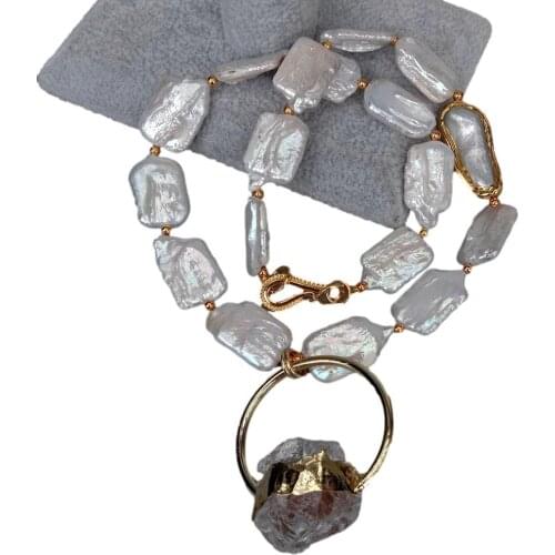 YYGEM Natural White Keshi Pearl Rectangle Shape Necklace Natural Quartz Rough Pendant 18"