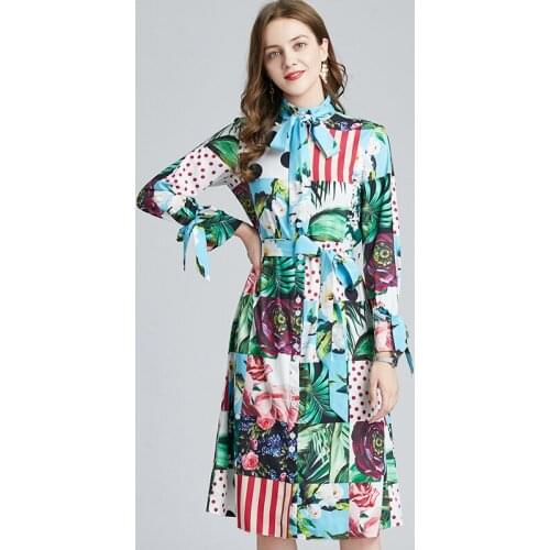 WTIANYUW 2021 Spring Runway Contrast Floral Shirt Dress Women Long Sleeve Bowknot Multicolor Print Sashes Holiday Dresses