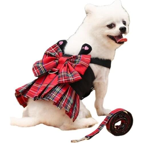 Bowknot Plaid Dress Puppy Harness Classic British Style Dog Harness Dress Puppy Skirt With Leash Set Dog Accessories Supplier