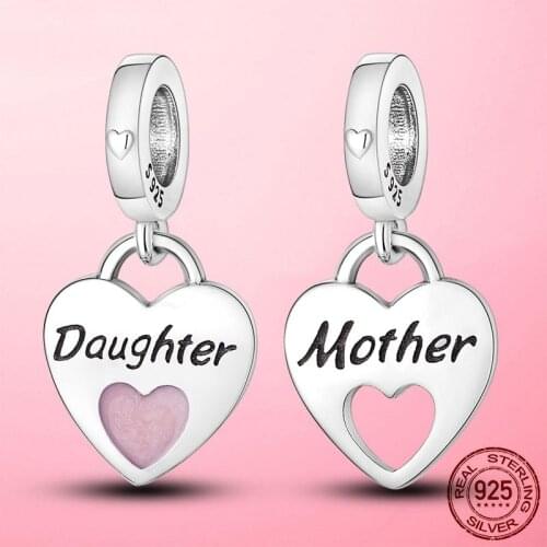 Family Beads 925 Sterling Silver Pink Heart Daughter Love Mom Forever Charm Pendant Fit Original Pandora Bracelet Fine Jewelry