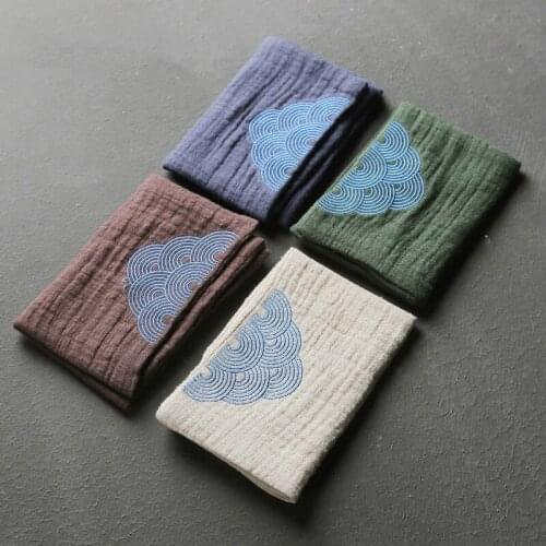 Pure Cotton Absorbent Tea Towel Thick Embroidered Sea Water Pattern Square Clean Cloth Japanese Tea Set