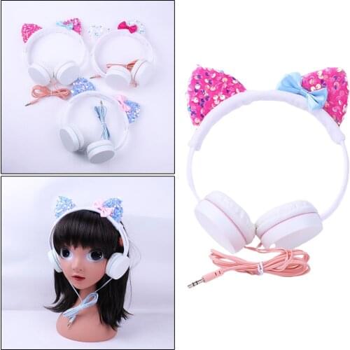 Girls Wired Cat Ears Headsets Over the Ear Stereo Earphone Headphone EarBuds Ear-Cup Earpiece Adjustable Headhand