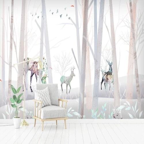 Custom Self-Adhesive Waterproof Mural Wallpaper 3D Hand Painted Forest Modern Minimalist Elk Wall Sticker Papel De Parede Sala