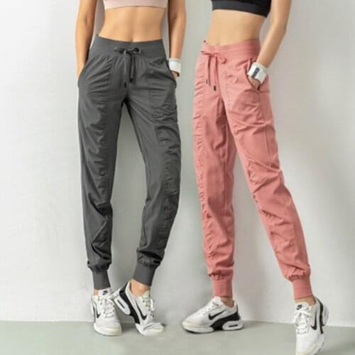 Sweatpants Fabric Drawstring Running Sport Joggers Women Quick Dry Athletic Gym Fitness with Two Side Pockets Exercise Pants