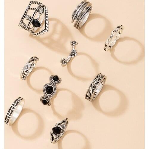 Vintage Flower Geometry Ring Sets Silver Color Leaf Shape Knuckle Rings Female Retro Midi Finger Ring Bohemia Jewelry Gift