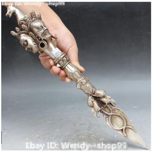 YM 305 decoration brass factory outlets Tibet Silver 15''Tibet Buddhism Silver Mahakala Buddha 3 Head Horse Dagger Holder