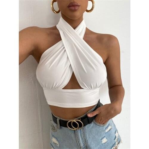 Women Summer Tank Tops Fashion Solid Color Cross Halter Neck Backless Close-Fitting Crop Tops for Girls White/Black/Blue/Brown