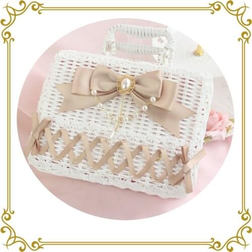 Cute Handmade Womens Gorgeous Rattan Box Case Pearl Chain Bows Trim Handbag Bow Lolita Tea Party