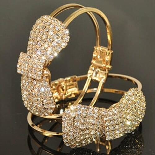 2016 Spring Women Charm Bracelet Chain Crystal Bowknot Cuff Open Bangle Jewelry A8ZX