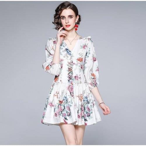 2021 Womens Summer Prom Dress Retro Palace Style V-neck Print Lantern Sleeve Lace-up Short Dress New Female Slim Dresses X144